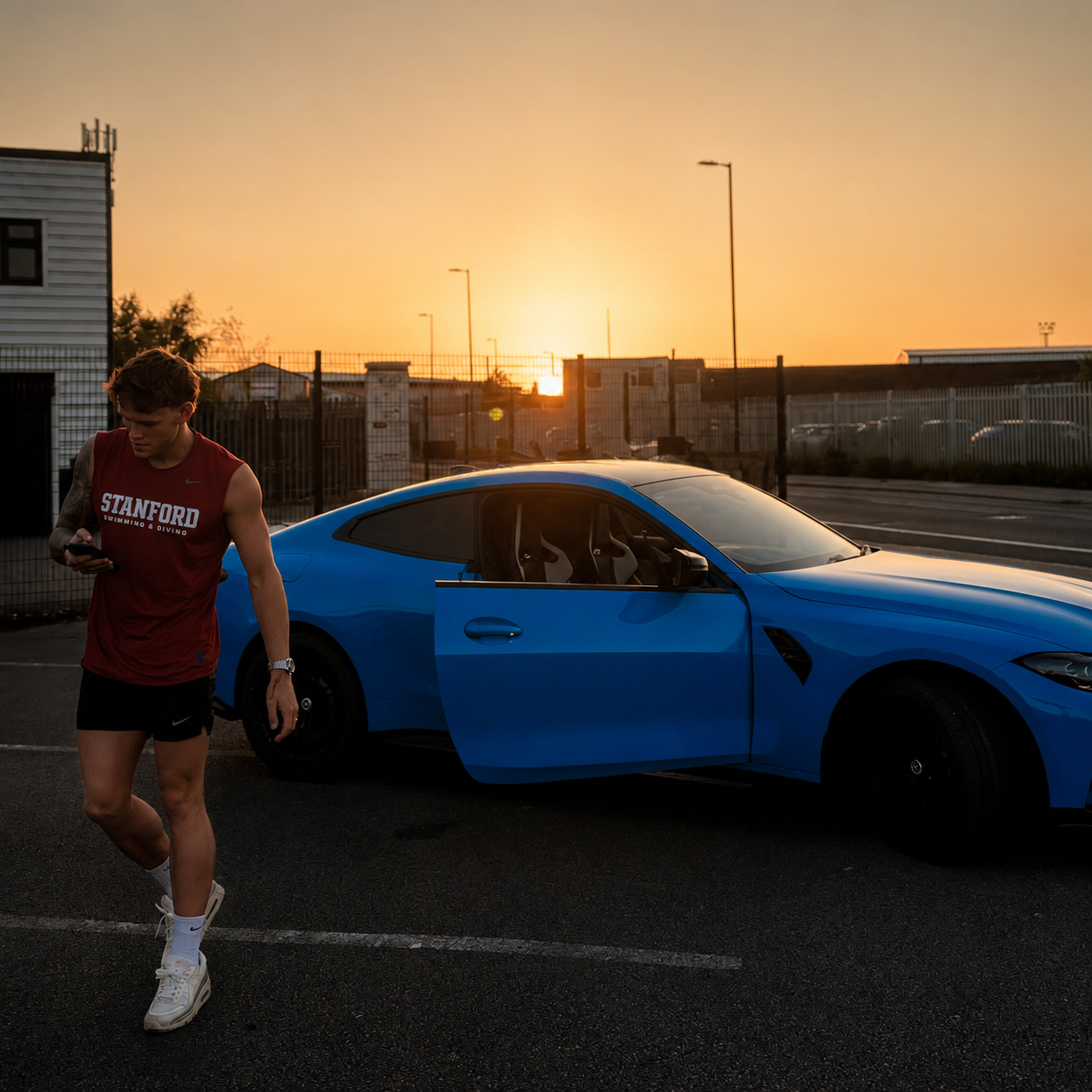 Matt Richards with his BMW M4 Competition xDrive at sunset