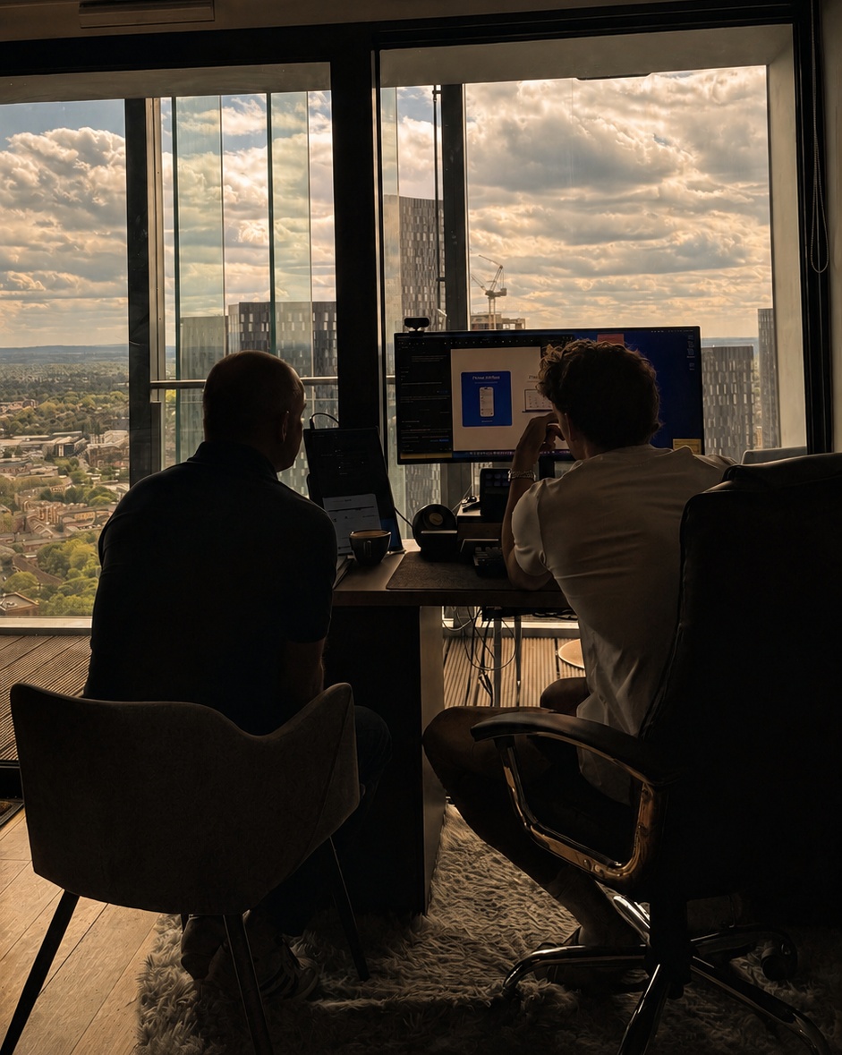 Matt Richards working on tech at a desk with a city view